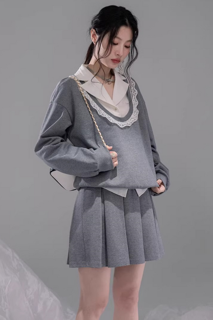 Chenwu Gray Pleated Skirt Sweatshirt Set