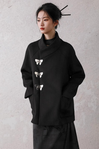 Black Woolen Butterfly Buckle Coat