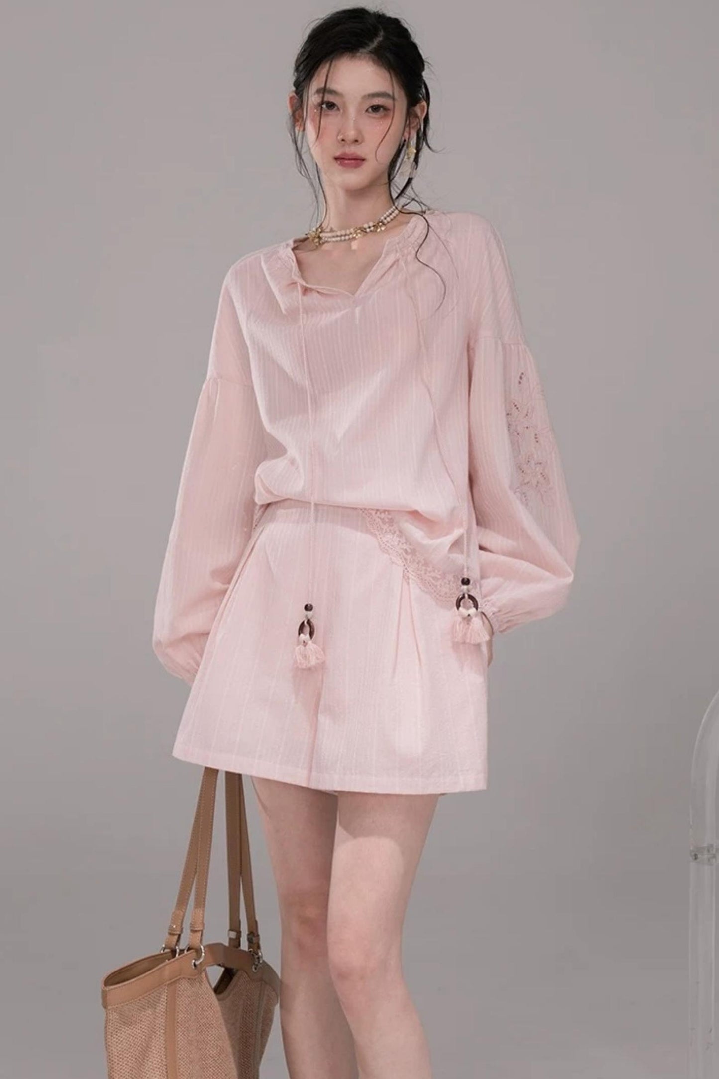 Cloud Peach Embroidered Striped Shirt Set-Up