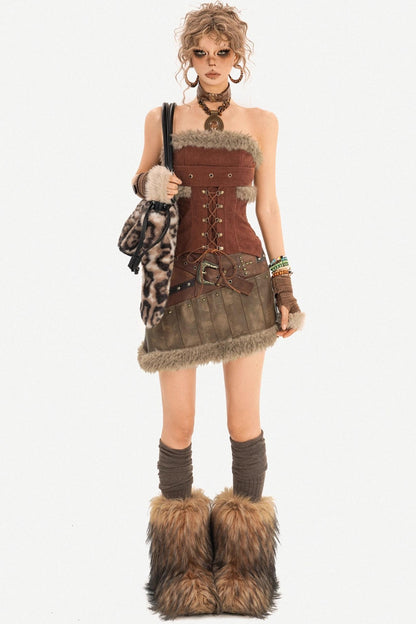 Furry Patchwork Leather Skirt Set-Up