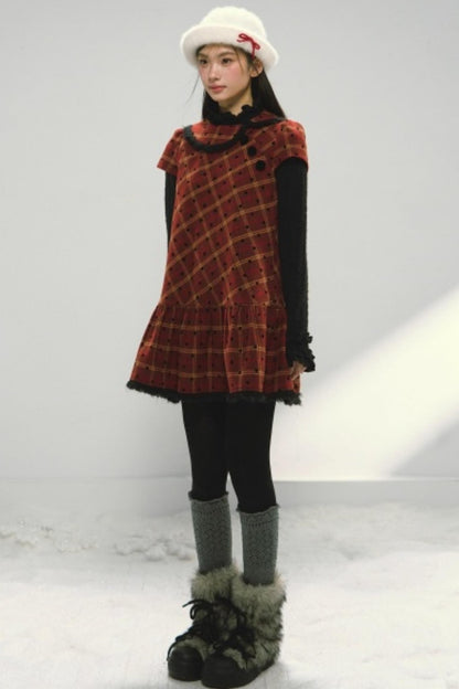Christmas Plaid Tweed A-Line Dress Set-Up