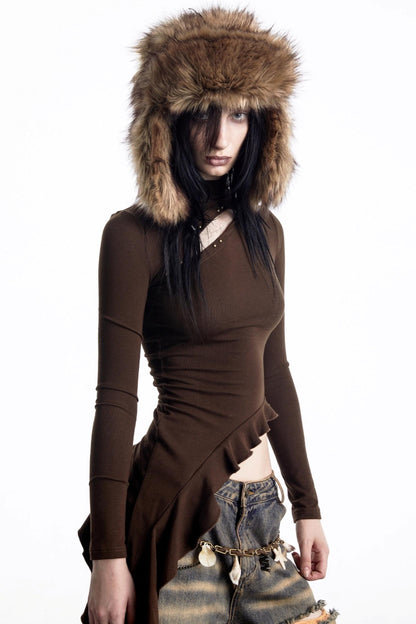 Openwork Rivet Ruffled Knit Top