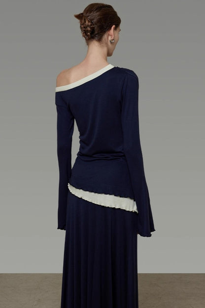 Autumn Slanted Shoulder Knit Slacks Set-Up