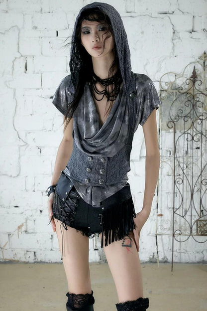 Punk Chain Leather Denim Shorts