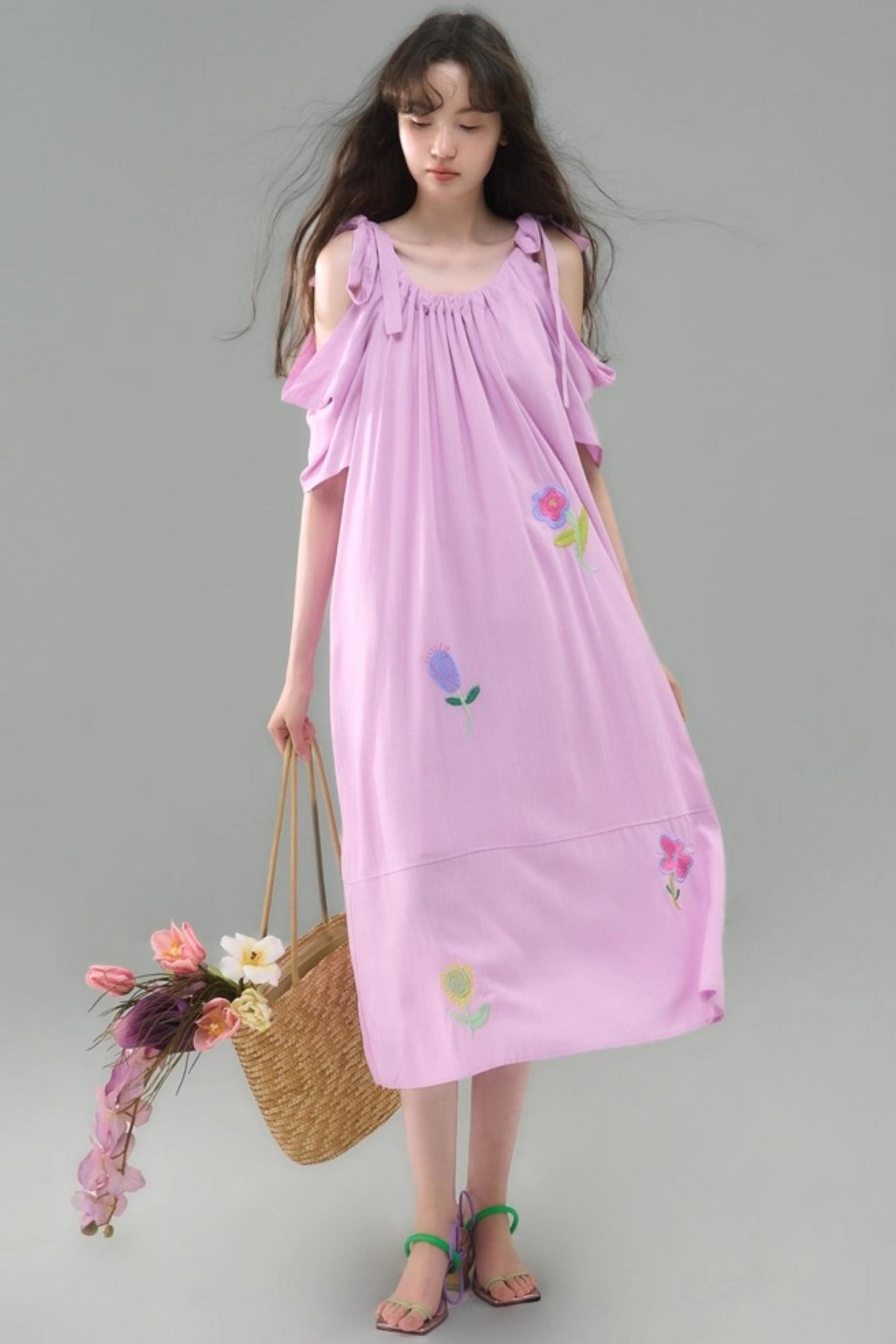 Sweet Peach Nectar Linen Embroidery Dress