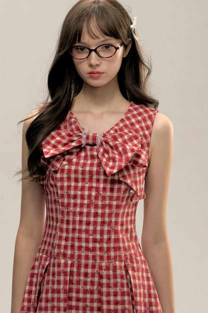 Red Check Floral Bow Vest Dress