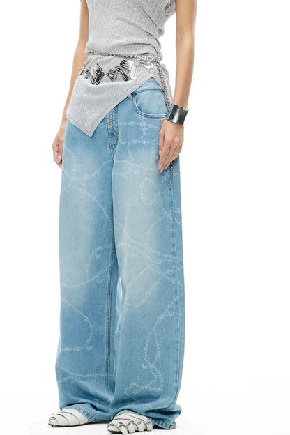 Washed Laser Print Denim Pants