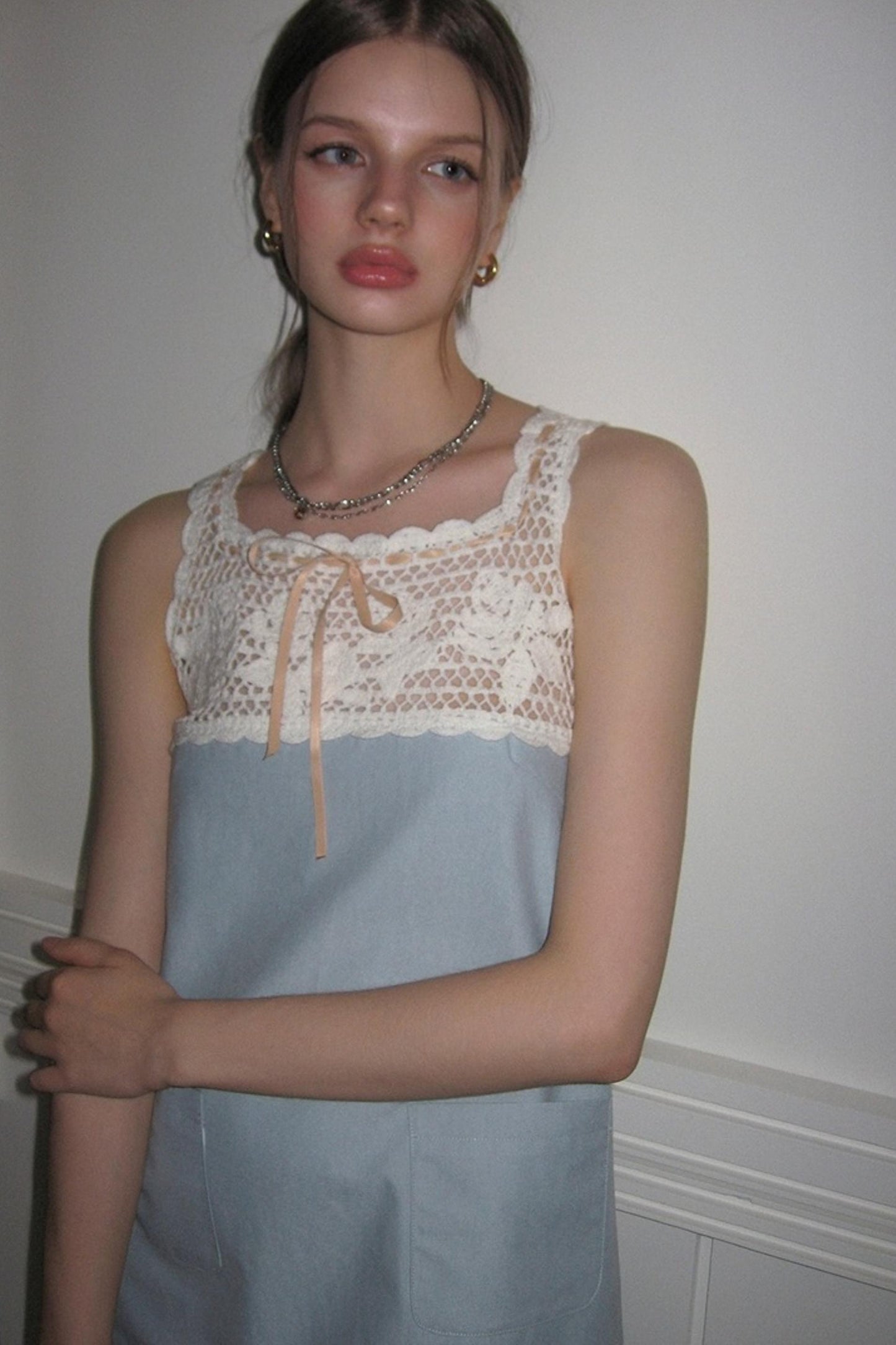 Blue Crochet Square Neck Dress