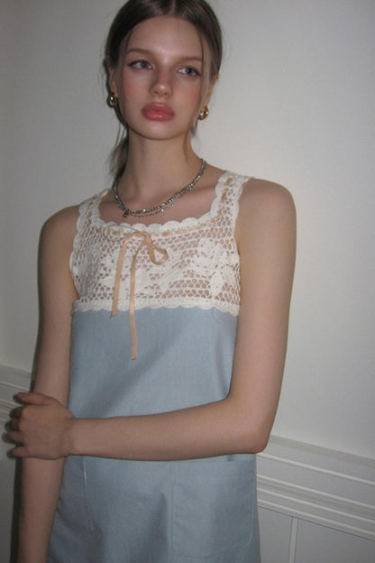 Blue Crochet Square Neck Dress