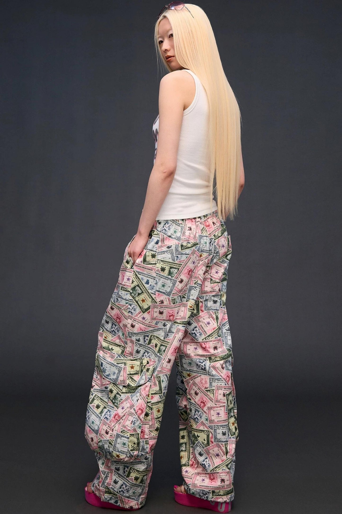 Money Print Wide-Leg Pants
