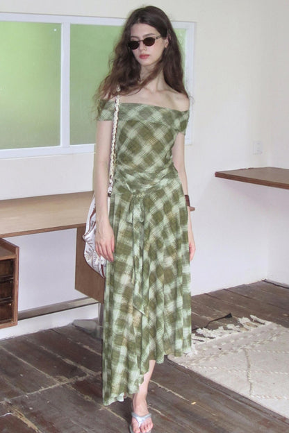 Mesh Check One-Shoulder Dress