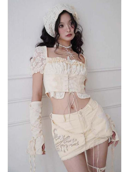 Butterfly Decorated Lace-Up Puff Sleeves Tops