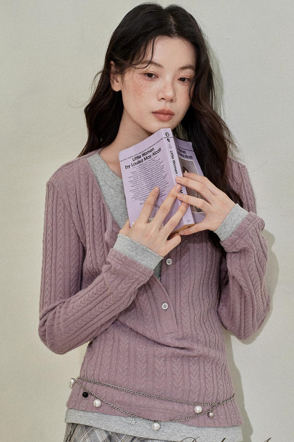 Yellow Purple Knitted Long-Sleeved Tops
