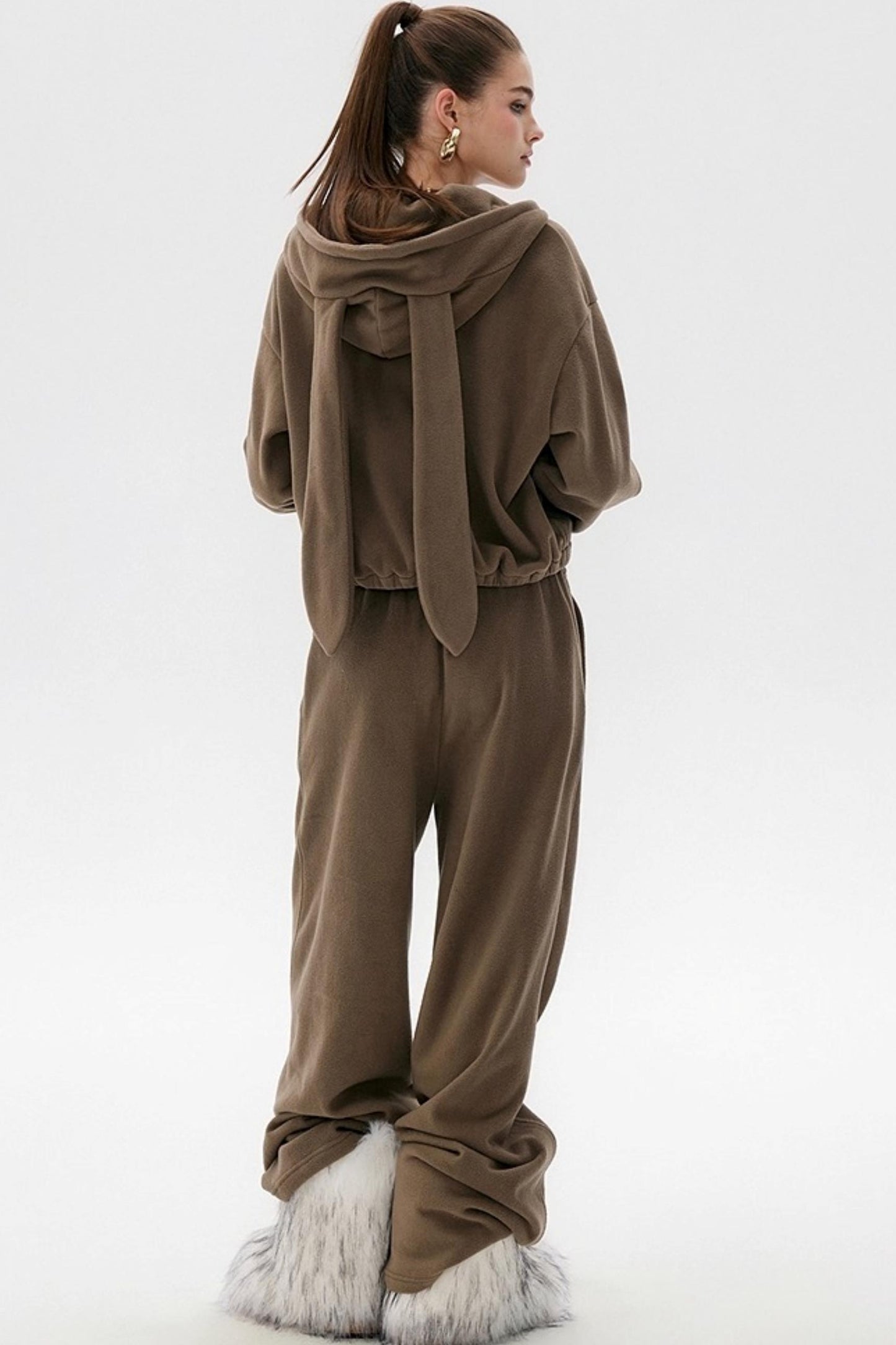 Khaki Fleece Bunny Ear Cardigan Set-Up