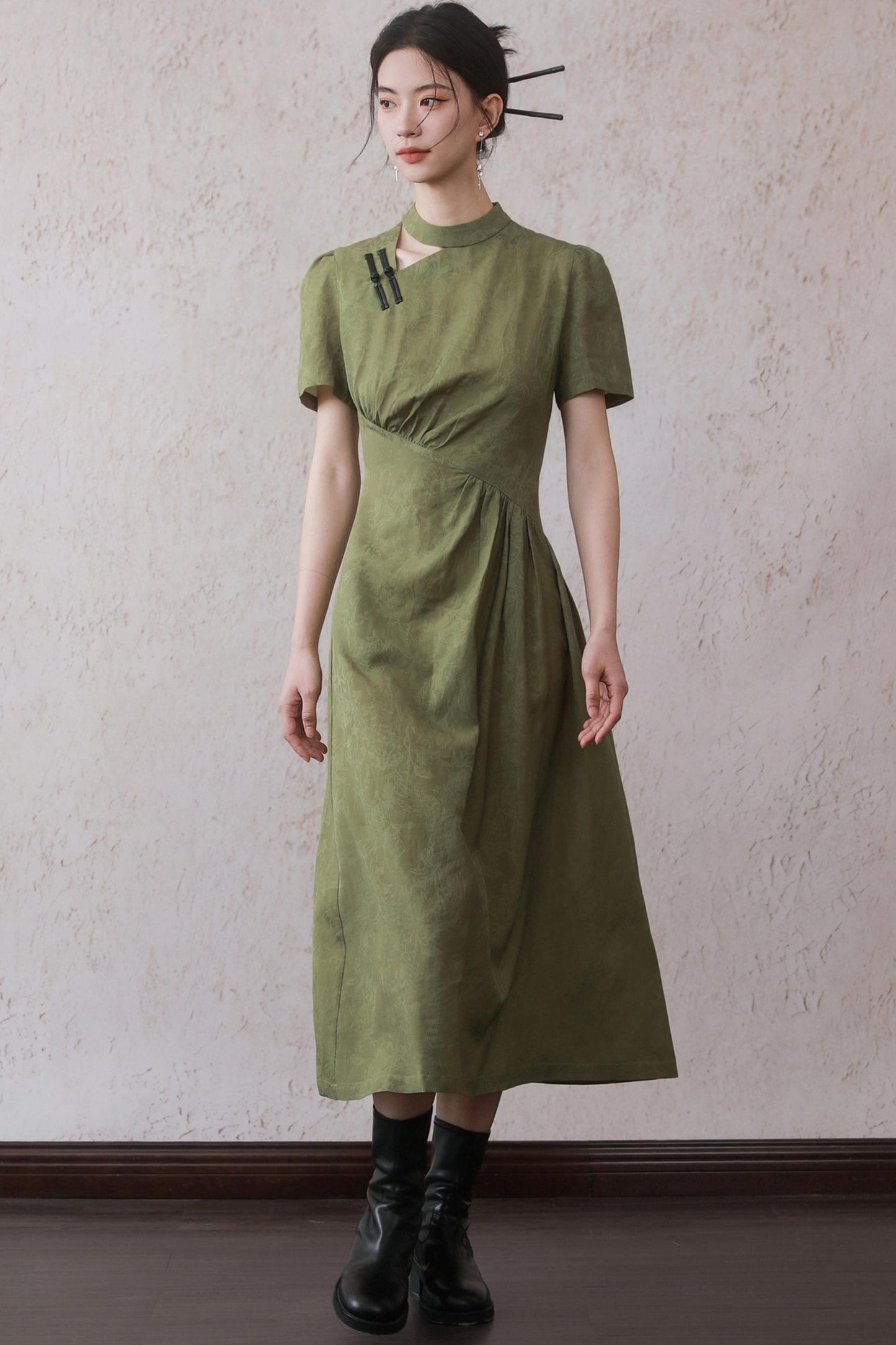 Plum Green Button Dress