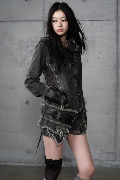 Distressed Denim Slim Fit Hooded Coat