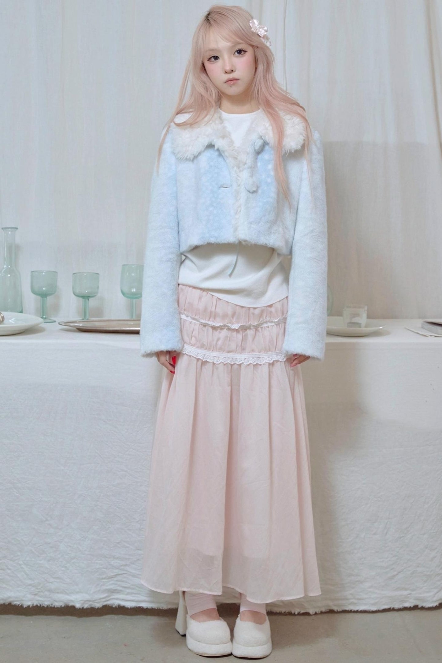 Lace Pleated Panel Pink Long Skirt