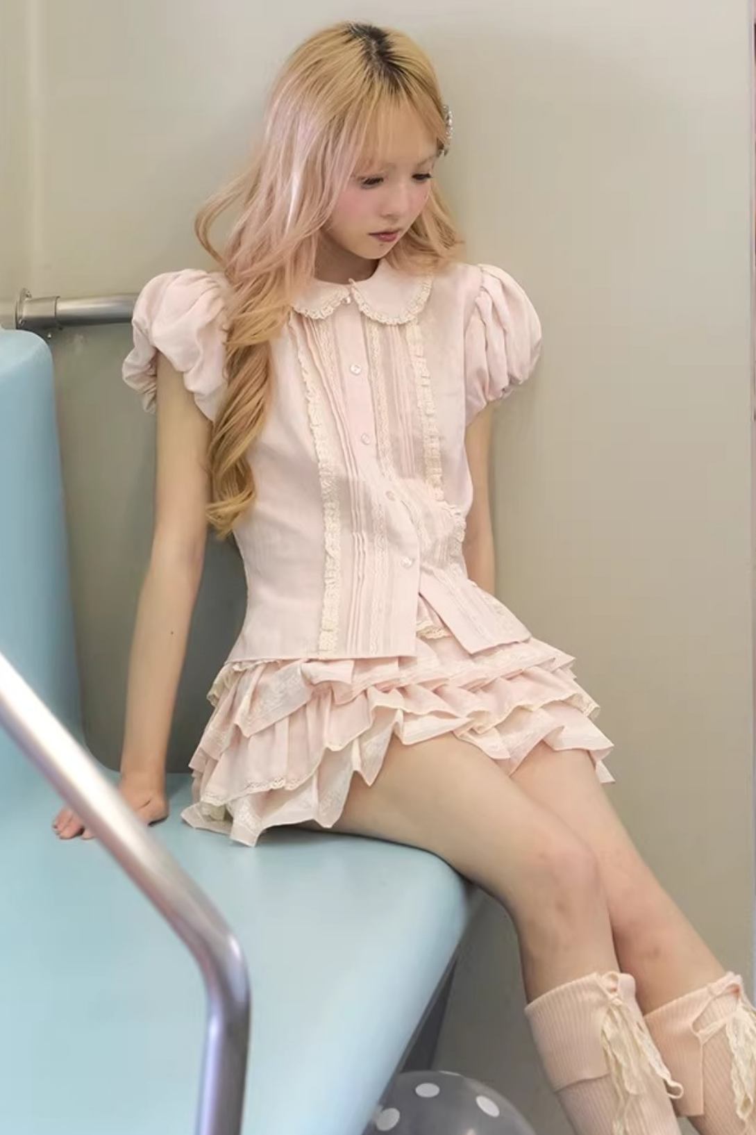 Peach Lace Doll Collar Blouse Set-Up