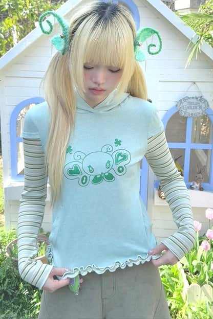 Green Devil Horns Hoodie Top