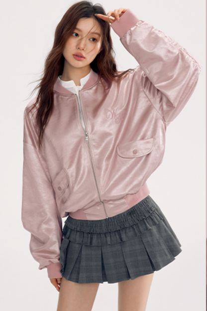 Loose Satin Baseball Style Jacket