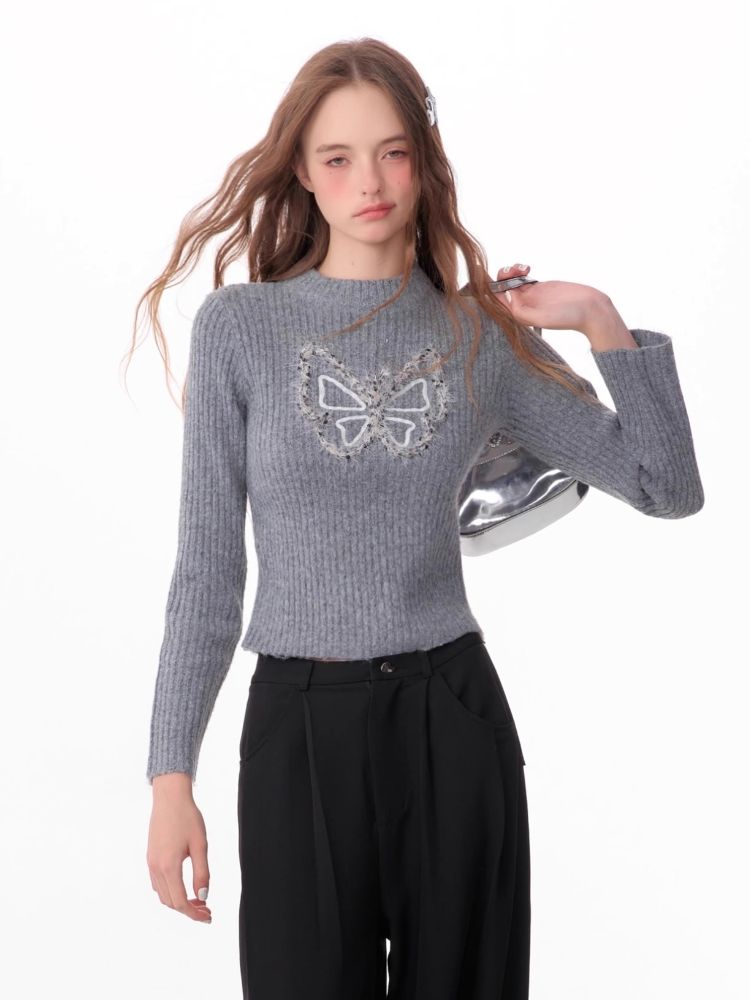 Butterfly Embroidery Long Sleeve Sweater