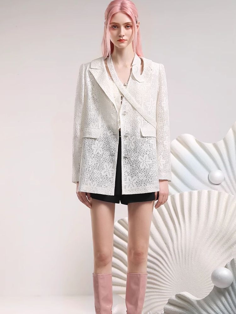 Irregular neckline design lace suit jacket