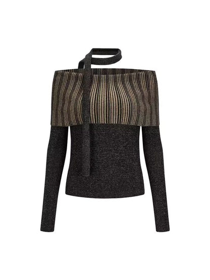 One-shoulder lapel knit sweater