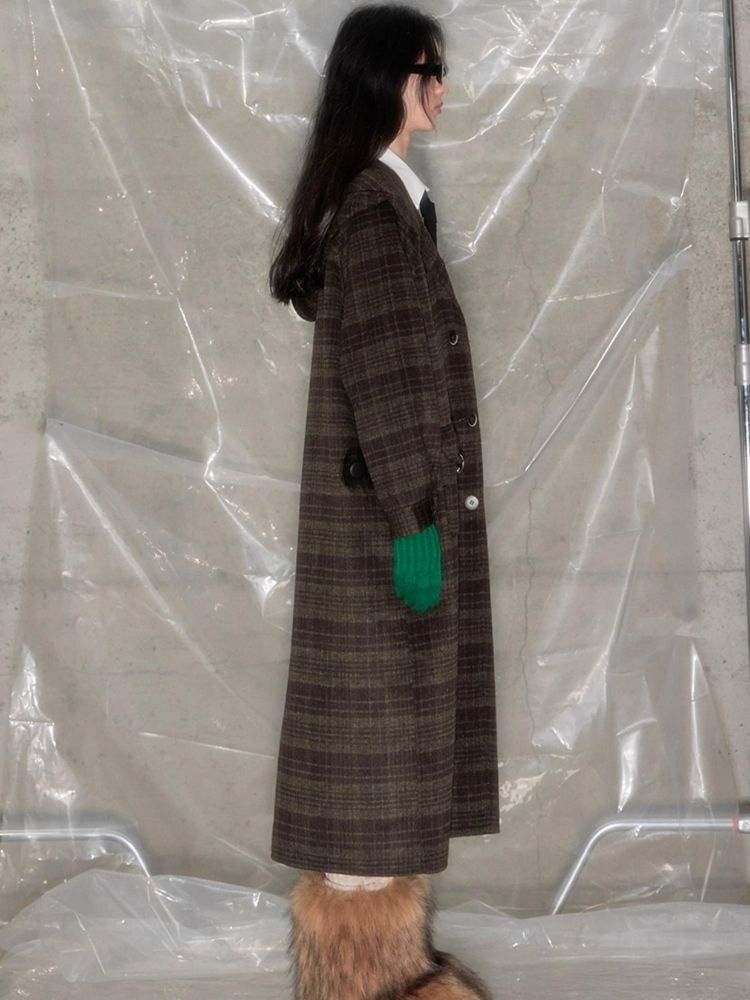 Plaid Hooded Reversible Tweed Coat