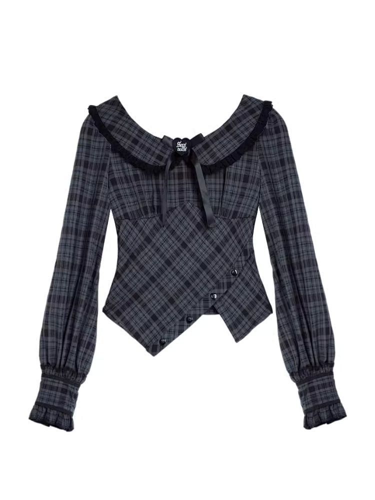 Sweet Cool Doll Neck Long Sleeve Plaid Top Shirt