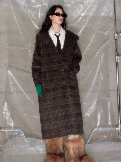 Plaid Hooded Reversible Tweed Coat