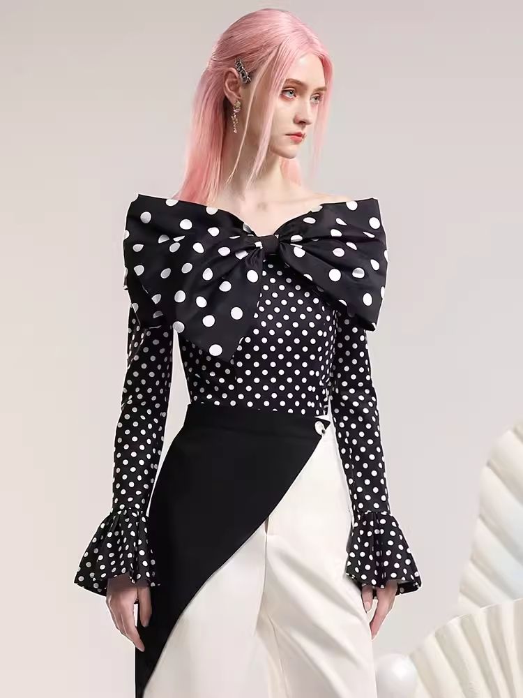 Polka Dot Top Irregular Color Blocking Wide Leg Pants Set