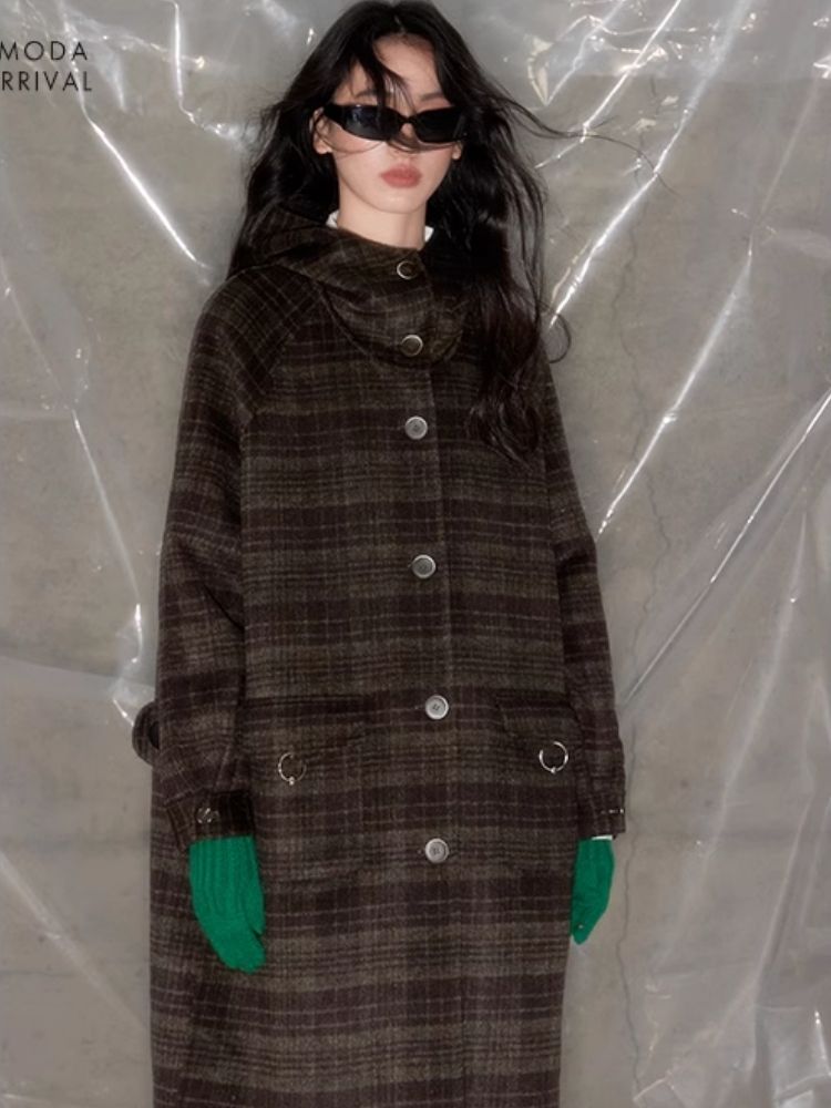 Plaid Hooded Reversible Tweed Coat