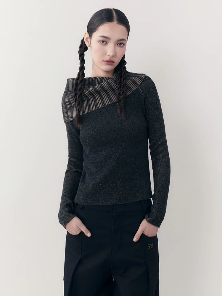 One-shoulder lapel knit sweater