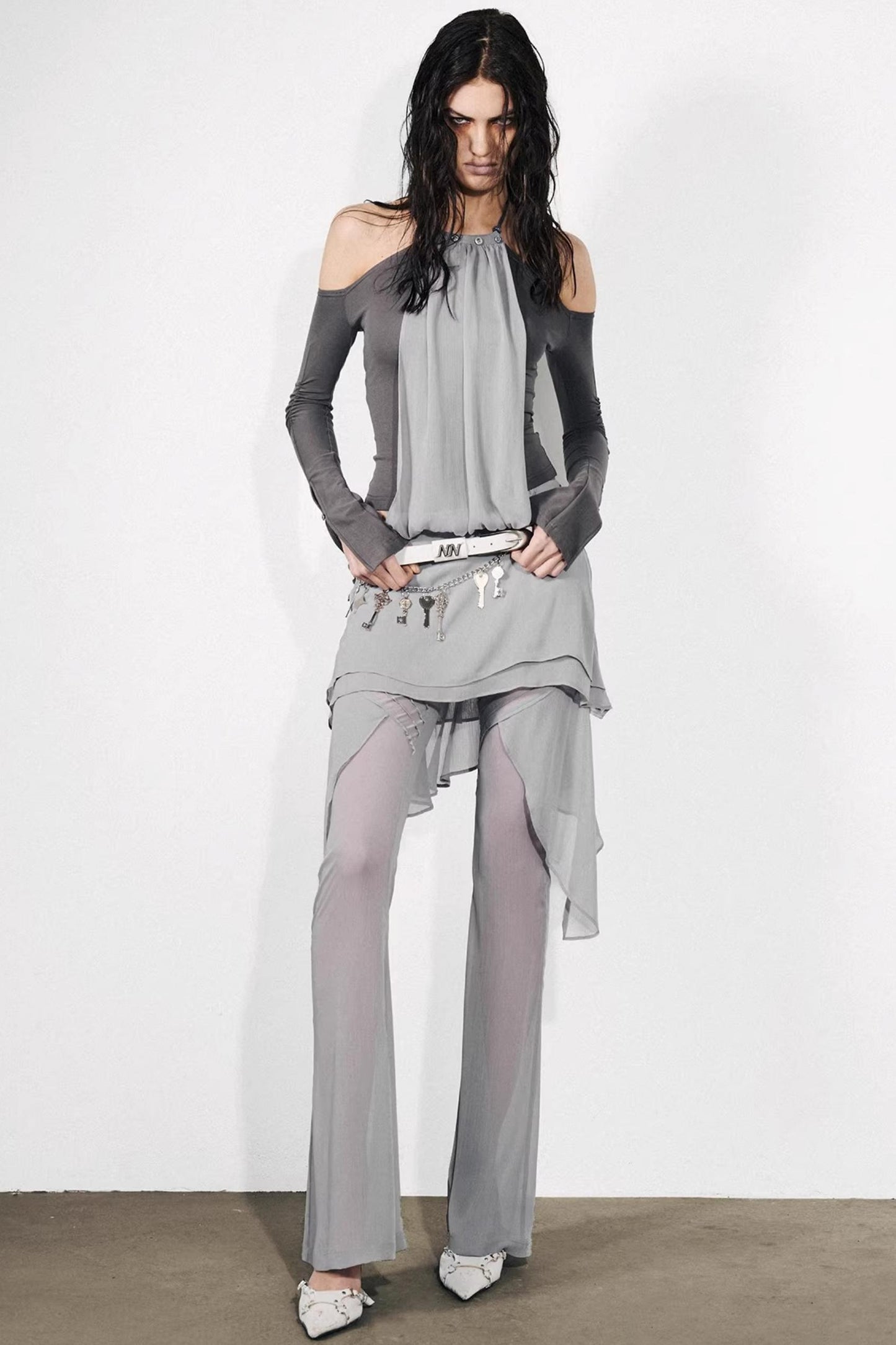 Chiffon-Patchwork-Oberteil mit schulterfreiem Design