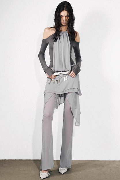 Chiffon-Patchwork-Oberteil mit schulterfreiem Design