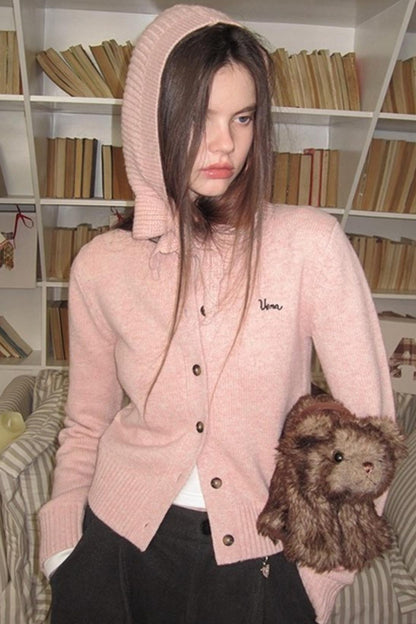Pink Wool Hooded Cardigan