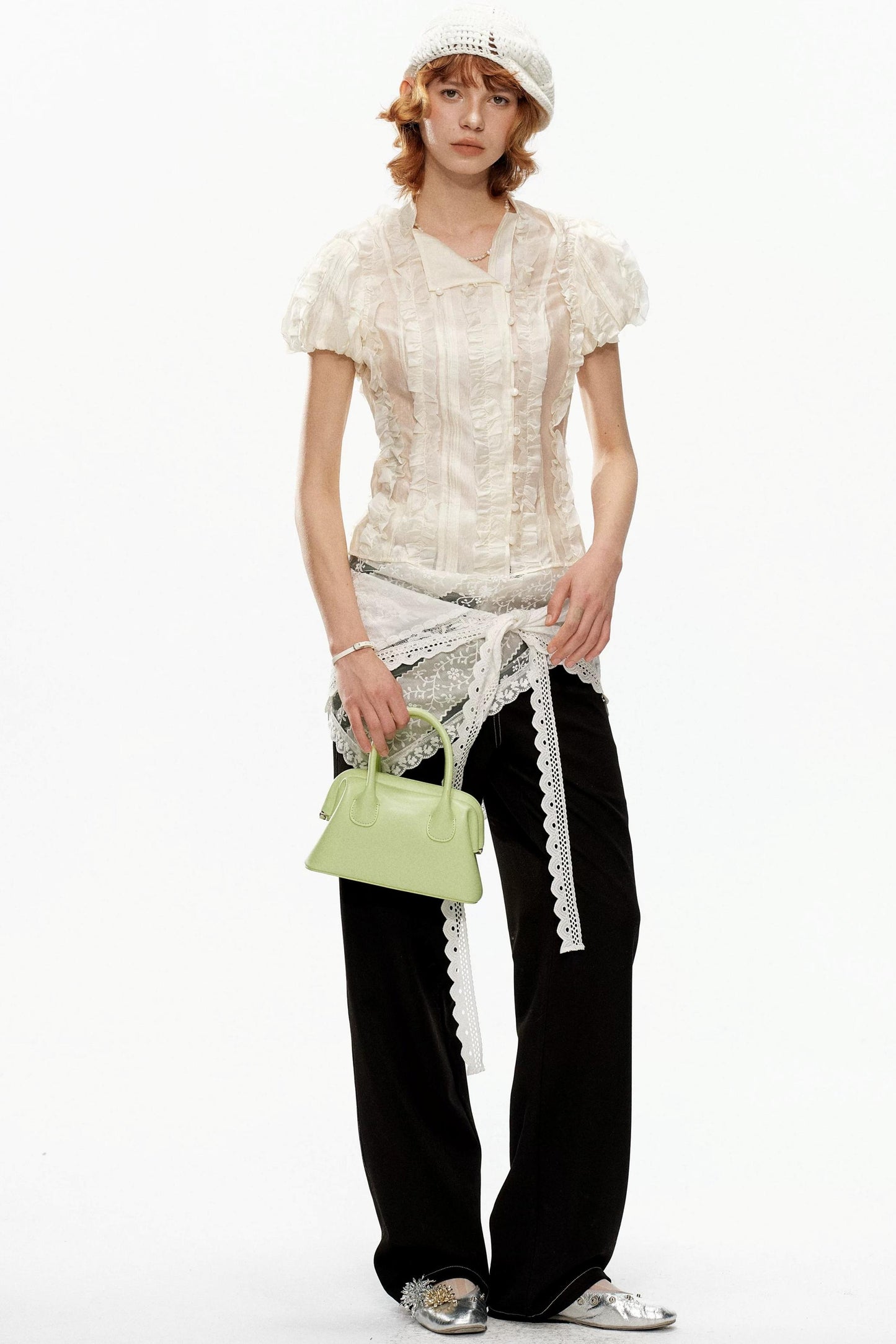 Beige Jacquard Puff Sleeve Blouse