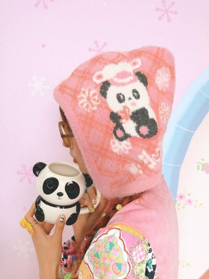 Plaid panda plush knit cap