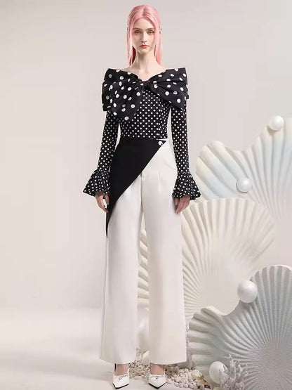 Polka Dot Top Irregular Color Blocking Wide Leg Pants Set