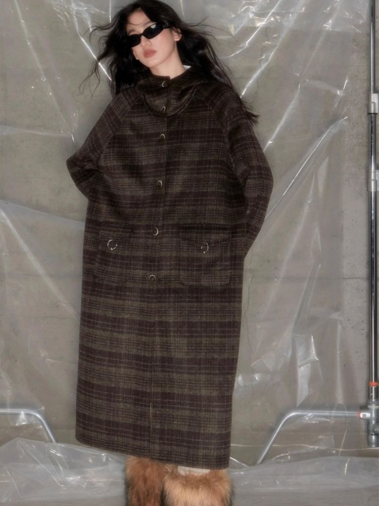 Plaid Hooded Reversible Tweed Coat