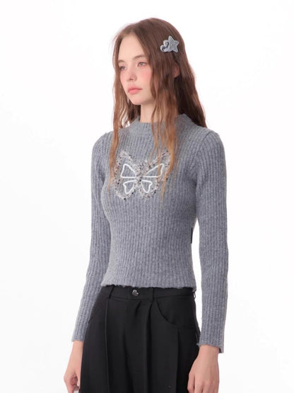 Butterfly Embroidery Long Sleeve Sweater