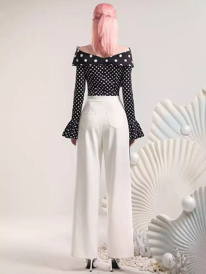 Polka Dot Top Irregular Color Blocking Wide Leg Pants Set