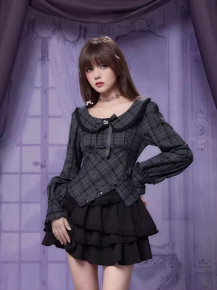 Sweet Cool Doll Neck Long Sleeve Plaid Top Shirt