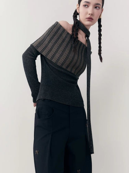 One-shoulder lapel knit sweater