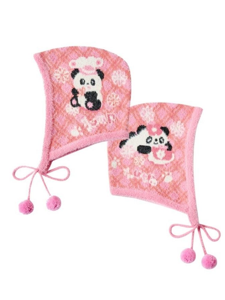 Plaid panda plush knit cap