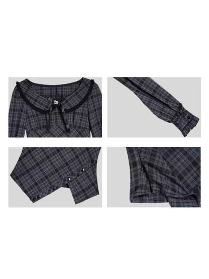 Sweet Cool Doll Neck Long Sleeve Plaid Top Shirt