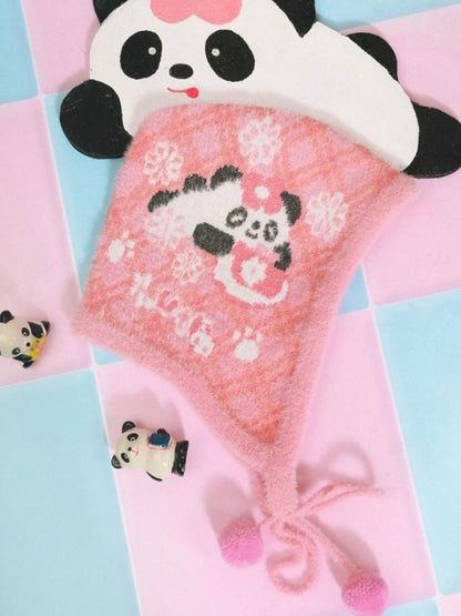 Plaid panda plush knit cap