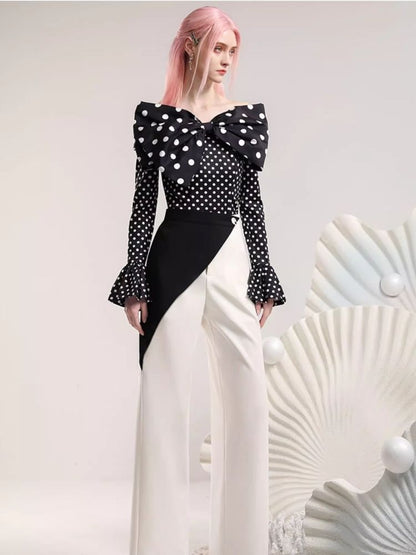 Polka Dot Top Irregular Color Blocking Wide Leg Pants Set