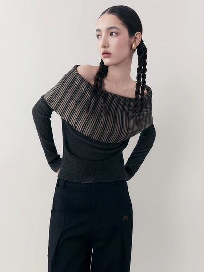 One-shoulder lapel knit sweater