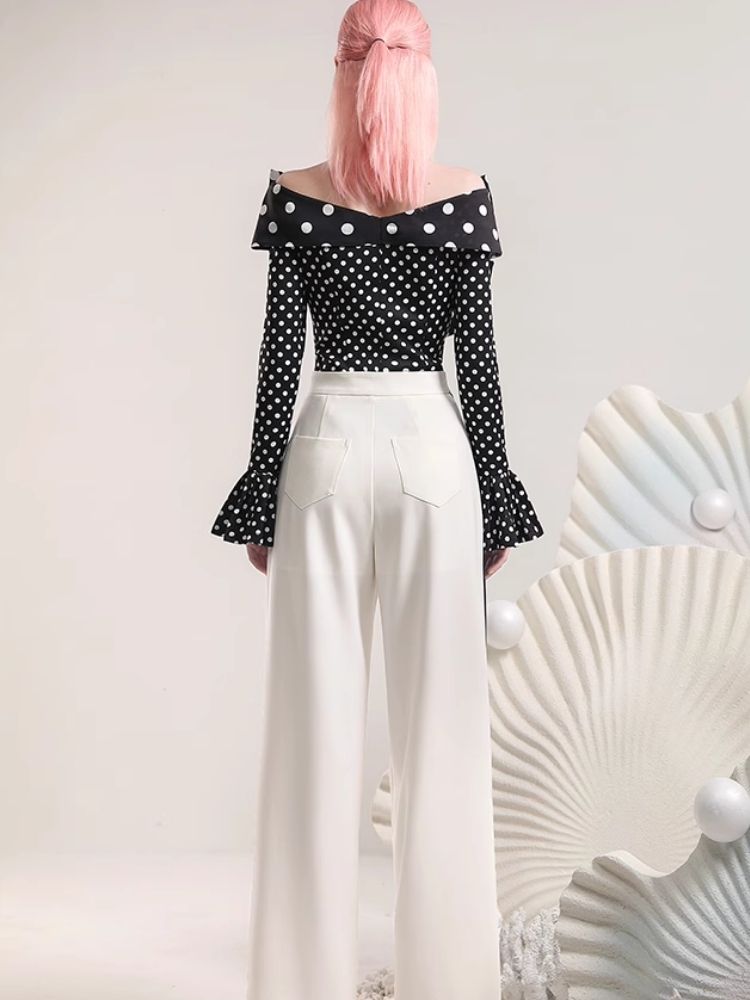 Polka Dot Top Irregular Color Blocking Wide Leg Pants Set